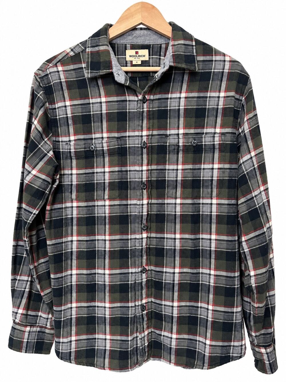 Woolrich M Plaid Flannel Shirt 100% Cotton Green Gray Red Button Up Outdoor